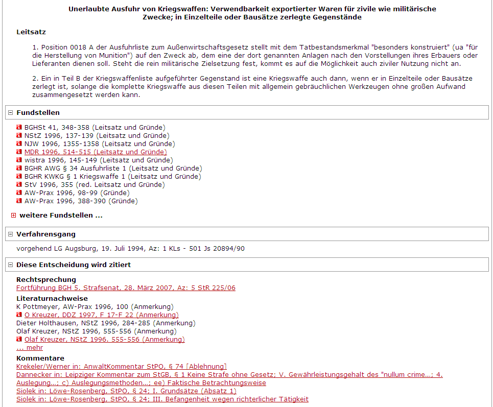 Abbildung: Kurztext Dokumentausgabe Leitsatz