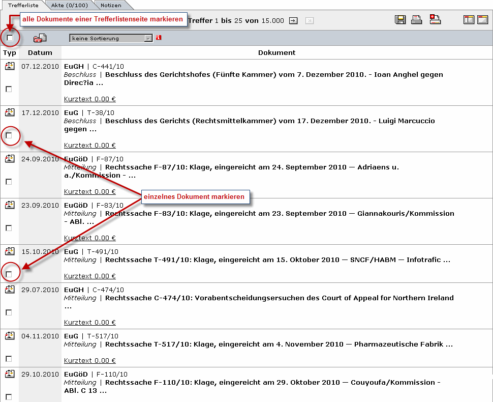 Abbildung: Trefferliste (Auswahl)